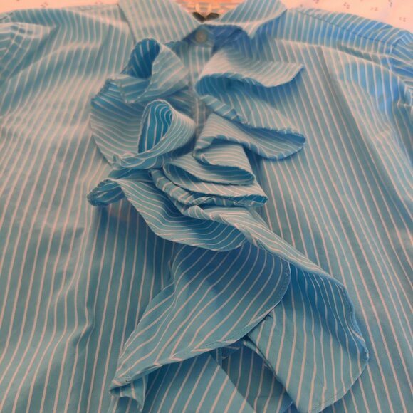 Lauren Ralph Lauren Teal Striped Ruffle Front Blouse - Size M - Picture 4 of 8